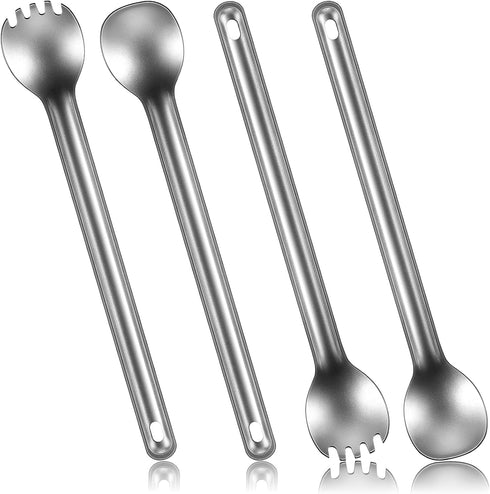 4 Pieces Titanium Long Handle Spork and Spoon 8.4 Inch Ultralight Portable Flatware Lightweight Soup Spoon Camping Spork Utensil for Outdoor Campi...
