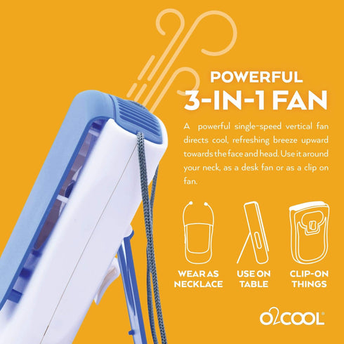 O2COOL Deluxe Necklace Fan | Battery Powered, Hands-Free Personal Cooling Fan w/Adjustable Lanyard, Table Top Stand + Wearable Clip - Dark Blue (2...
