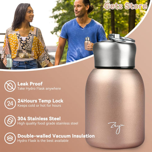 Gets Mini 9 oz Stainless Steel Water Bottle, 280ML Vacuum Insulated Water Bottle Leak Proof Sport Tumbler Cup Hot and Cold Water Bottle (Rose gold...