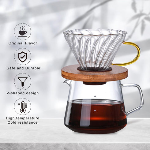 Gute Glass Coffee Dripper/Filter - Cone Glass Pour Over Coffee Dripper with Bamboo Stand & Handle, 1-4 Cups Drip Coffee Maker Funnel Accessories f...