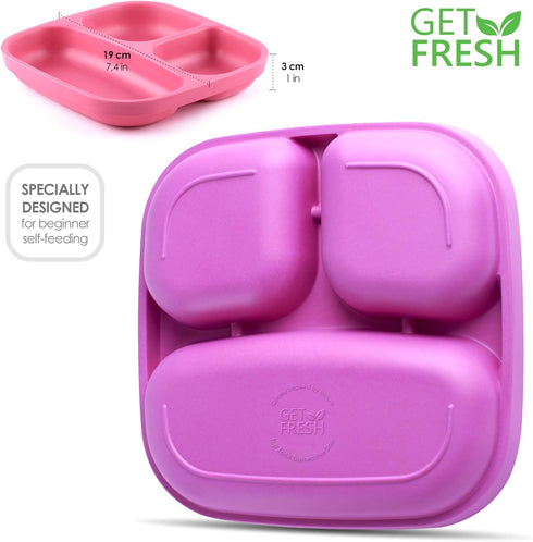 GET FRESH Bamboo Kids Divided Plates Set – 2-Pack 3 Compartment Bamboo Childrens Plates for Kids Meals – Reusable Bamboo Toddler Divided Plates Se...