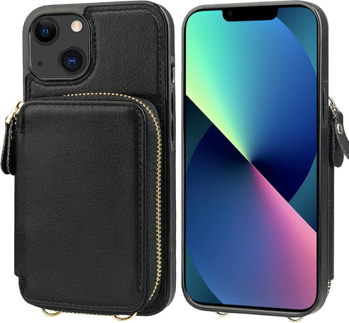 Bocasal RFID Blocking Wallet Case for iPhone 14 iPhone 13, Adjustable Crossbody Zipper Purse Case Card Holder with Kickstand Detachable Wrist Stra...