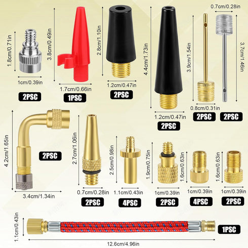 28pcs Bicycle Valve Adapter Set, Brass Bike Tire Valve Stem Adapter Inflation Kit Accessories for Standard Pump or Air Inflatable Attachment Compr...