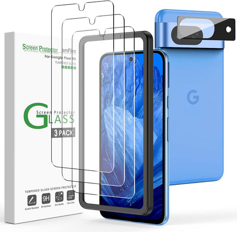 amFilm 3+1 Pack for Google Pixel 8A Screen Protector Tempered Glass, Ultrasonic Fingerprint Compatible, with Easy Installation Frame, Anti Scratch...