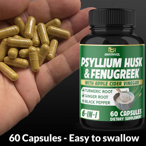 BMVINVOL Psyllium Husk Fiber Supplement t with Fenugreek, Apple Cider Vinegar, Turmeric, Ginger, Black Pepper- Digestion Health Support - 60 Capsu...