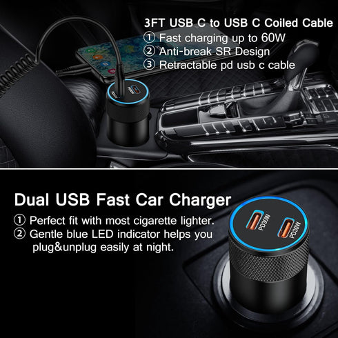 Type C Fast Car Charger for iPhone 15 Pro Max,Samsung Galaxy S24/S23/Z Flip5/Fold5/A55/A15/A54/S22/A14/A13,Pixel 8 Pro,60W Dual USB-C Car Rapid Ch...