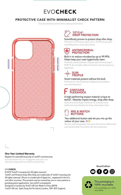 tech21 Evo Check Phone Case for Apple iPhone 11 Pro with 12 ft. Drop Protection Coral...