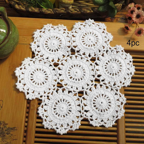 kilofly Crochet Cotton Lace Table Placemats Doilies Pack, 4pc, White, Blossoms, 10 inch...