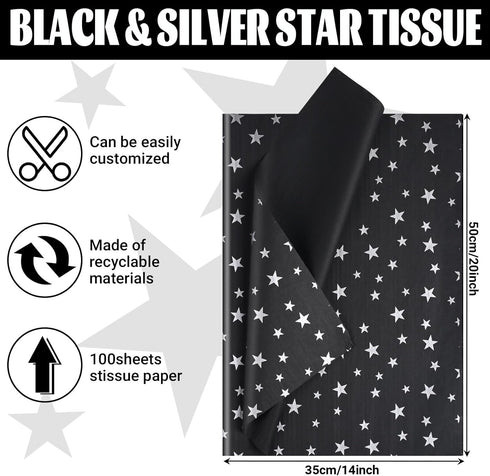 Bolsome 120 Sheets 20 * 14 Inches Black Tissue Paper with Silver Stars, Black Silver Tissue Paper for Gift Wrapping, Silver Stars Tissue Paper for...