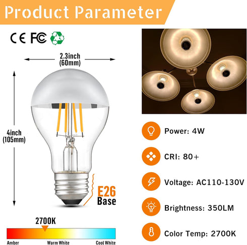 Half Chrome Light Bulb,Dimmable A19/A60 LED Light Bulb 4W(40W Equivalent),AC120V Warm White 2700K 350LM,Silver Mirror Reflected Light,Decorative B...