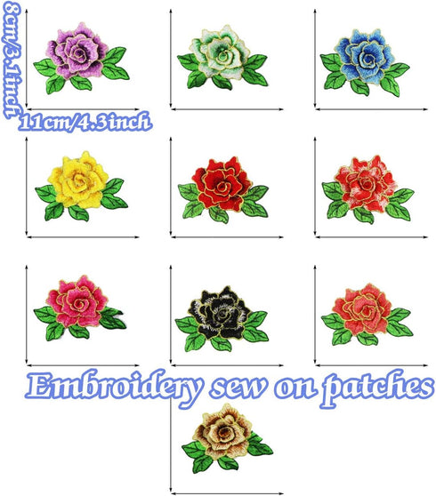 10 Pieces 3D Rose Embroidered Patch Flower Sew on Patches Applique Sewing Crafts Kit for Clothes Jeans Jackets Bags DIY Embellishments Decorations...