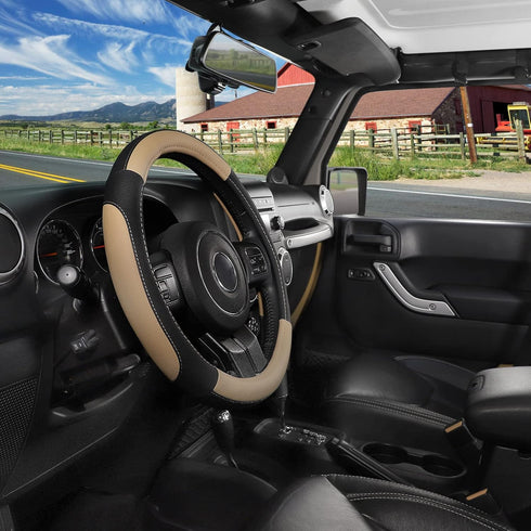 SEG Direct Car Steering Wheel Cover for F-150 Tundra Range Rover 15.5-16 inch, Black and Beige Microfiber Leather...
