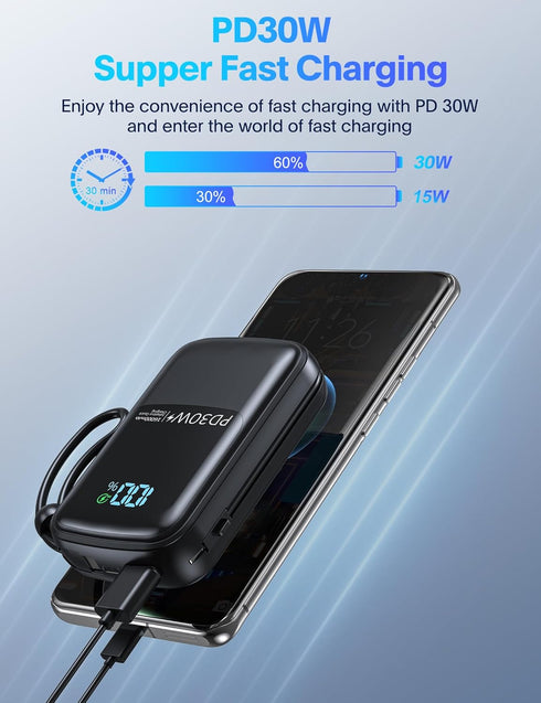 UYAYOHU Portable-Charger-Power-Bank - 16000mAh Battery Pack PD 30W Fast Charger Built-in Type-C and iOS Cables for iPhone, Samsung Galaxy, and Mos...