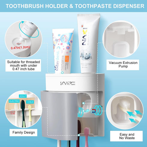 Boperzi Toothbrush Holder Wall Mounted Toothpaste Dispenser Gray Dustproof Cover for Shower Bathroom Set with 2 Toothpaste Squeezers (Not Electric...