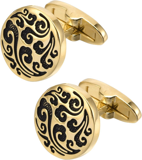 Engraved Lucky Clouds Pattern Cufflinks for Men Chinese Feng Shui Auspicious Totem Round Silver Golden Men's Cufflinks Jewelry for Wedding Party B...