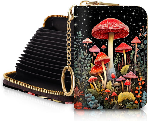 RFID Credit Card Holder Wallets for Women, Small Card Case Wallet with Keychain and Zipper, Mushrooms Leather Card Holder Pocket Business Card Acc...