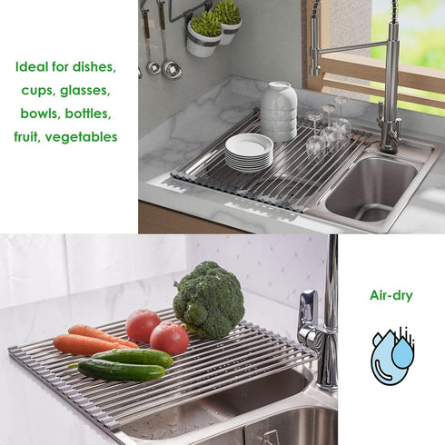 Tomorotec Roll Up Dish Drying Rack, Over The Sink Dish Drying Rack, Portable Stainless Steel Rolling Rack Multipurpose Kitchen Drainer Caddy Organ...