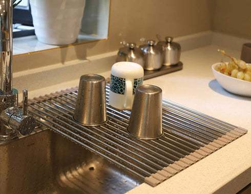 Roll up Dish Drying Rack Over The Sink Drying Rack Silicone kitchenware Folding draining Dish Rack SUS304 Stainless Steel 17.7inx13.75in (Grey)...