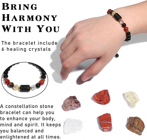 GolbalJew Leo Healing Bracelet, Zodiac Signs Crystals Gift Set, 6 Birthstones, Citrine, Carnelian, Garnet, Crystal Quartz, Red Jasper, Tiger's Eye...