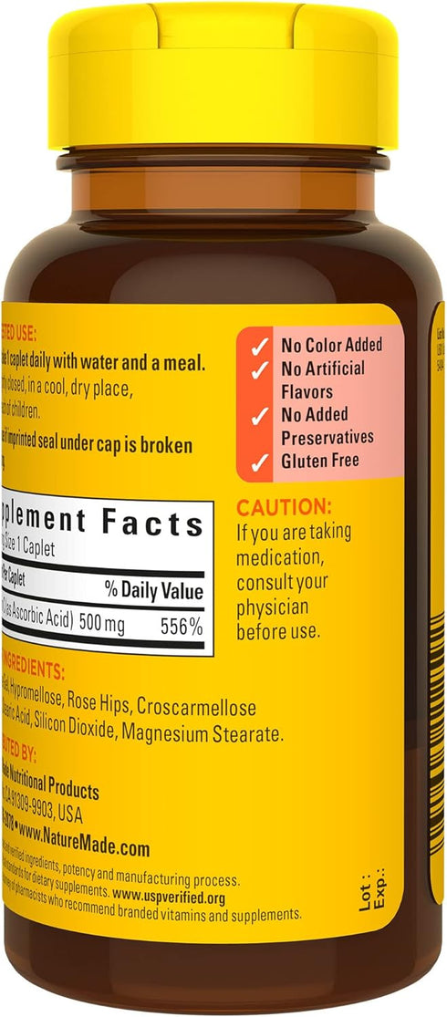 Nature Made Vitamin C 500 mg with Rose Hips, Dietary Supplement for Immune Support, 130 Caplets, 130 Day Supply...