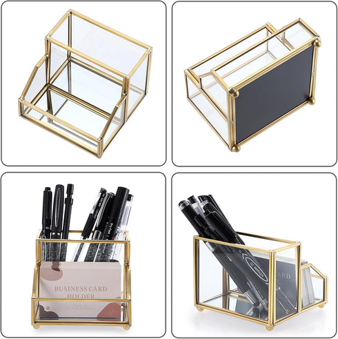 Hipiwe Glass Business Card Holder Stand with Pen/Pencil Organizer Gold Business Name Cards Display Holder for Home Office Desktop Countertop, 2 Sl...