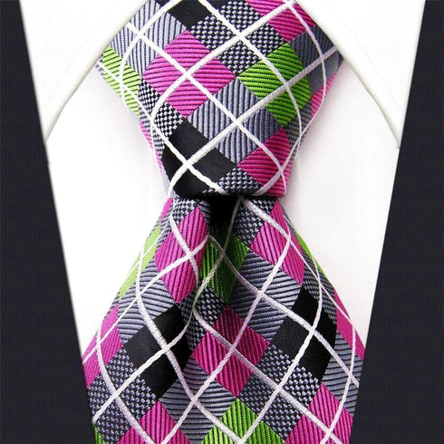 Intrepid Executive Wardrobe Accessory, Handmade 100% Silk Jacquard Woven Gray Pink Green Checked Tie 3.4" Classic Silk Jacquard Men's Necktie Tie...