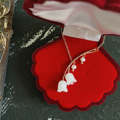 Lily of the Valley Necklace Lily Flower Pearl Pendant Floral Charm Chain Necklace Jewely...