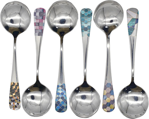 6pcs Round Head Soup Spoons with Fashion Printing Pattern 6.22inch Tablespoon 18/10(304) Stainless Steel Korean Spoons for Rice Dessert Tea Coffee...