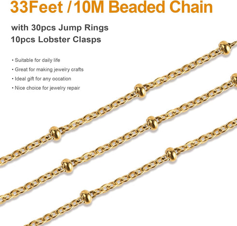 Kyutong 10M Gold Stainless Steel Jewelry Chain in Bulk Beaded Cable Link Chain Roll with Jump Rings and Lobster Clasps for DIY Jewelry Making Supp...