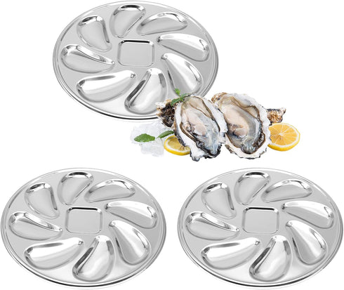 3 Pack Oyster Plate, Stainless Steel 8 Slots Oyster Grill Pan with Center Slot Multi-Functional Grill Pan for Oysters and Scallop, Sauce and Lemon...