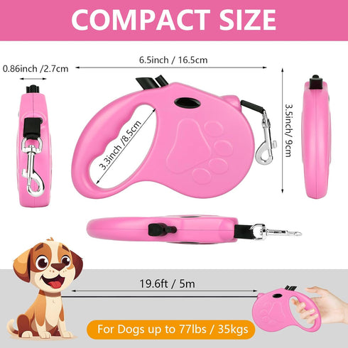 Retractable Dog Leash, 16ft Dog Walking Leash for Small Dogs up to 77lbs, Non-Slip Handle - Pink...