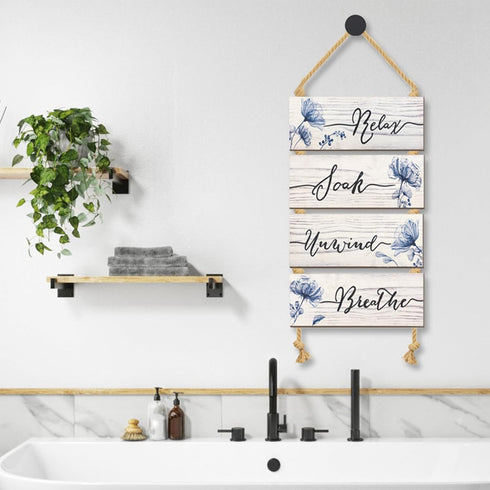 YIGAGNY 4 Pieces Bathroom Wall Decor Wooden Rustic Farmhouse Bathroom Wall Art Hanging Sign 10 x 4 Inch Blue Bathroom Accessories Decor for Spa La...