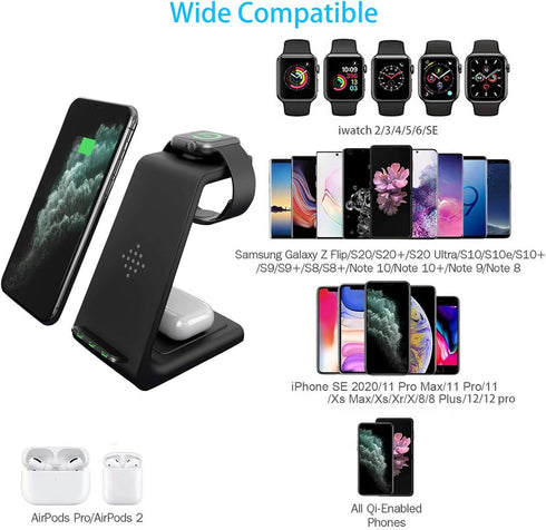 Wireless Charger,3 in 1 Fast Wireless Qi Charging Station Dock Stand for iPhone 14/13/12/11 Pro Max/XR/XS Max/XS/X, iWatch SE/7/6/5/4/3/2, Airpods...
