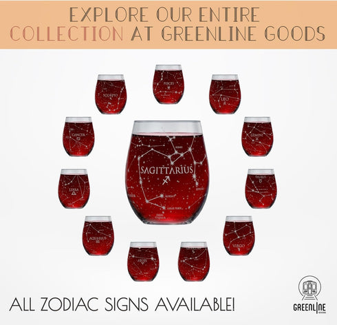 Greenline Goods Sagittarius Stemless Wine Glasses Zodiac Sagittarius Set Hand Etched 15 oz (Set of 2) - Astrology Sign Glassware...