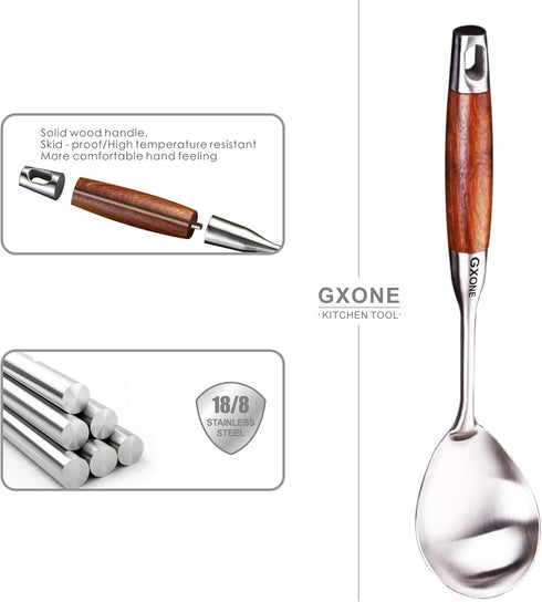 Large Serving Spoons,304 Stainless Steel Cooking Spoon with Heat Resistant Wooden Handle,Silver/12.4Inch...
