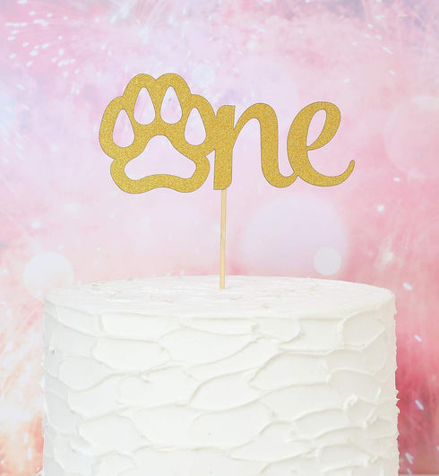Gold Paw One Cake Topper - Golden Glitter Cardstock 1st Birthday Cake Smash Party Decoration Supplies for Baby, Single Sided Dog Paw First Birthda...