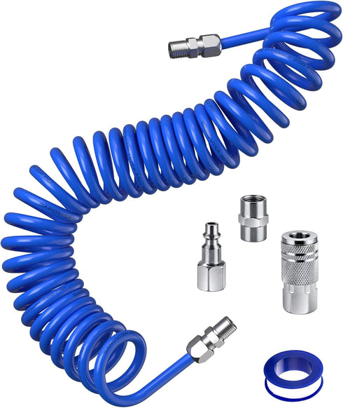 25 Feet Repairable EVA Recoil Air Hose, Air Compressor Hose with 1/4" NPT Industrial Universal Quick Coupler and I/M Plug Kit, 200PSI Max Air Tool...