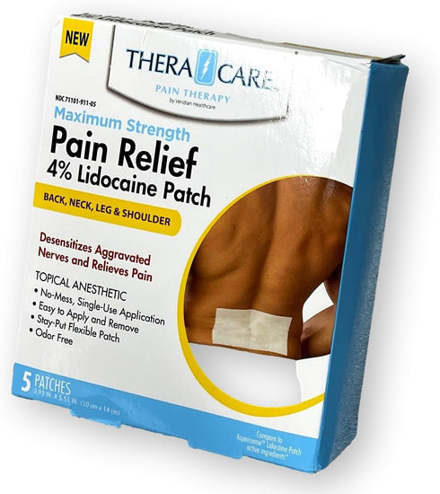 24-911 TheraCare Pain Relief 4% Lidocaine Patch, for External Use Only, Simple Adhesive Application, Odor-Free, Five 3.93" x 5.5" Individually Wra...