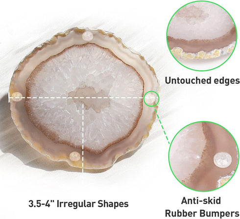 Natural Agate Coaster Set of 4, 3.5-4" Crystalline Geode Stone Coasters for Drinks Coffee Table Decor Agate Slices Glass Cups Holder for Home Gues...