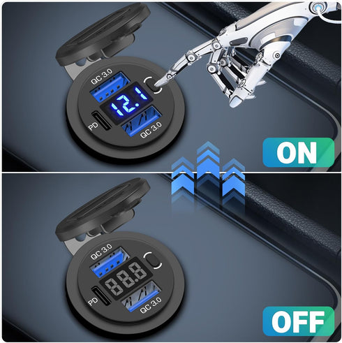 12V USB C Car Charger Socket 2 Pack: Dual Quick Charge 3.0 & PD USB C Car USB Ports 12 Volt USB Outlet with Voltmeter and Power Switch DIY Car Soc...