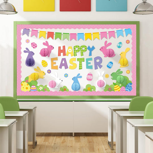 3D Easter Bulletin Board Set Happy Easter Honeycomb Classroom Decoration Easter Egg Rabbit Bunny Cutouts Spring Flower Paper-Cuts for Easter Party...