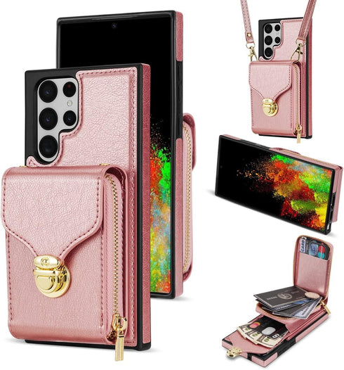 Compatible with Samsung Galaxy S22 Ultra 5G Wallet Case Crossbody Strap Leather Zipper Credit Card Holder Clasp Stand Cell Accessories Phone Cover...