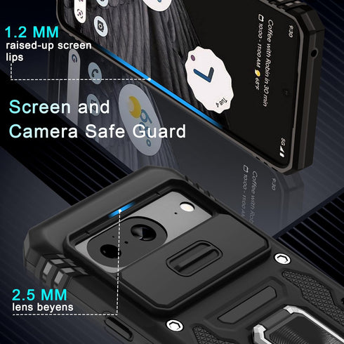 DEERLAMN for Google Pixel 8 Case with Slide Camera Cover+Screen Protector (1 Pack), Rotated Ring Kickstand Military Grade Shockproof Heavy Duty Pr...