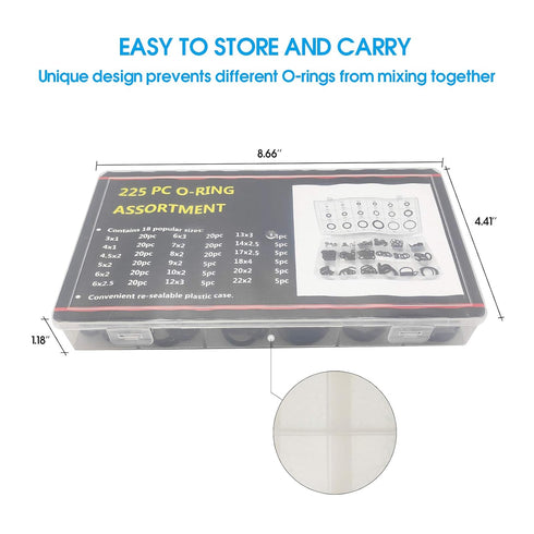 225pcs Rubber O Ring Assortment Kits 18 Sizes Sealing Gasket Washer Made of Nitrile Rubber NBR for Automotive Repair, Plumbing and Faucet, Air or ...