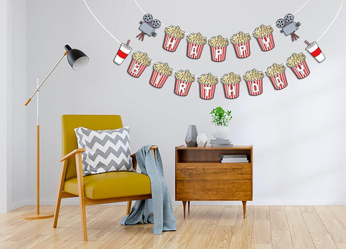 Movie Night Theme Happy Birthday Banner, Popcorn Inspired Birthday Party Sign, Watching Movie Bday Pennant Decor...
