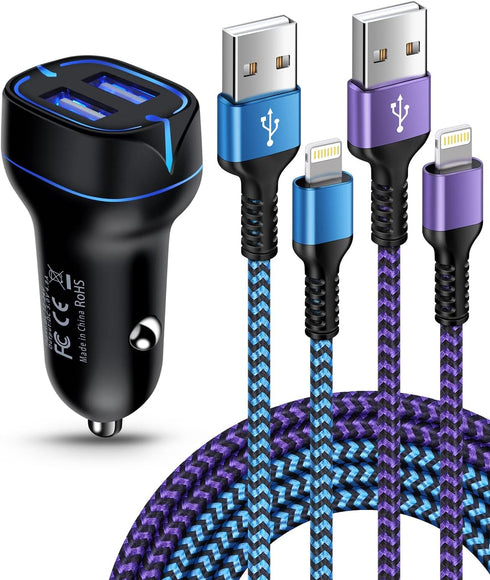 Phone Car Charger, Dual Port Cigarette Lighter Adapter + 2Pack-3FT Lightning Cables Fast Charging for iPhone 14 13 12 Pro Max Mini 11Pro 10 SE X X...