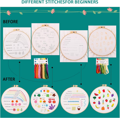 MAMUNU Embroidery Stitches Practice Kit, 4 Set Floral Hand Embroidery Kit for Beginners, Starter Kit for Adults Kids Easy, Includes Embroidery Hoo...