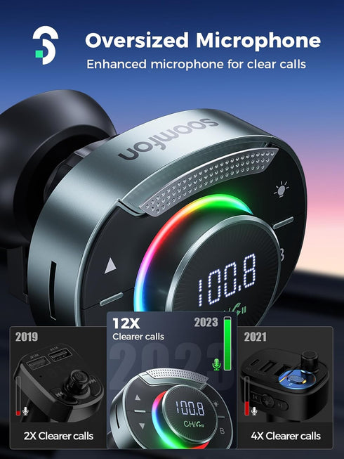Bluetooth FM Transmitter Car - SOOMFON Bluetooth 5.3 Car Adapter with Big Mic Bass Stereo Hi-Fi Sound, PD30W QC18W FM Bluetooth Transmitter Car Ch...