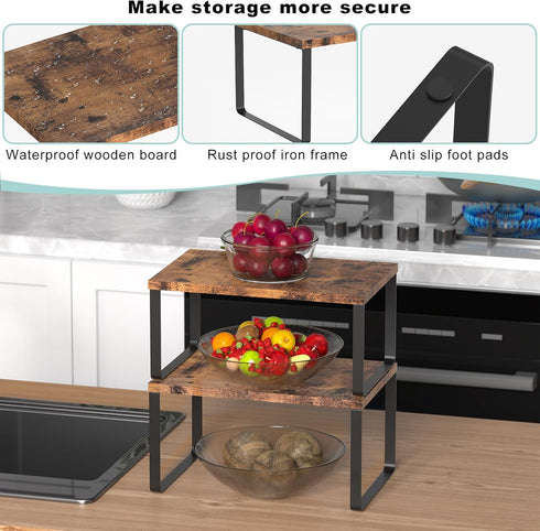 Set of 4 Counter Shelves Kitchen Stackable Cabinet Shelf Wood Organizer Expandable Counter Top Racks Brown Bathroom Counter organizer...