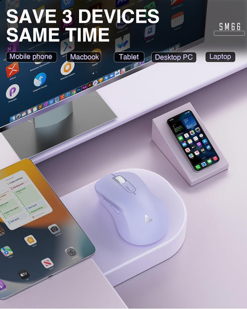 SM66 Purple Silent Dual Mode Wireless Mouse for Laptop, Adjustable 4800 DPI,Rechargeable Computer Mouse for Bluetooth and Wireless Connection...